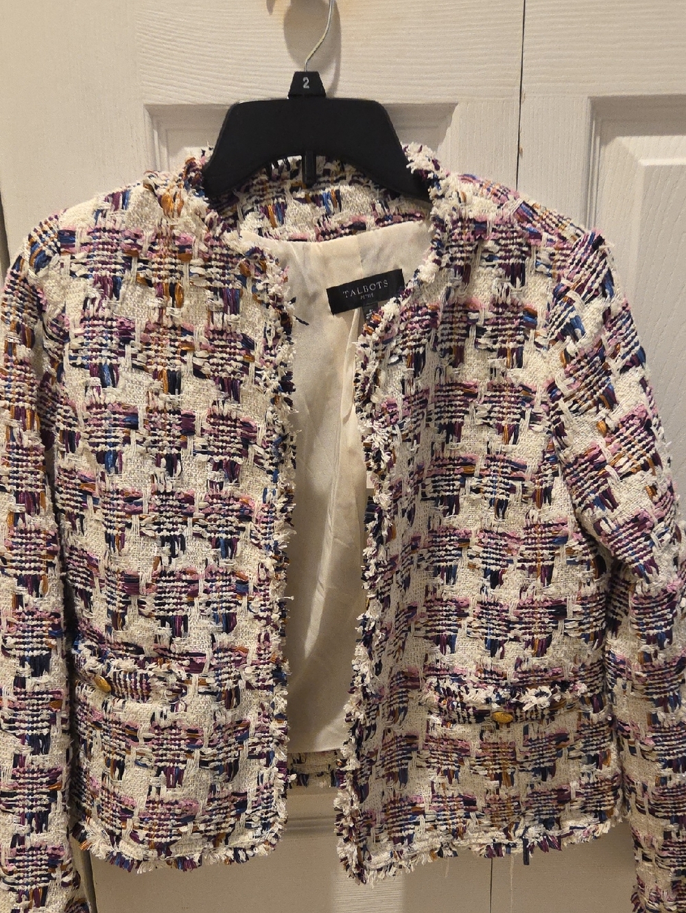 Talbots Cream Tweed Collarless Blazer with Blue, Purple & Gold Accents